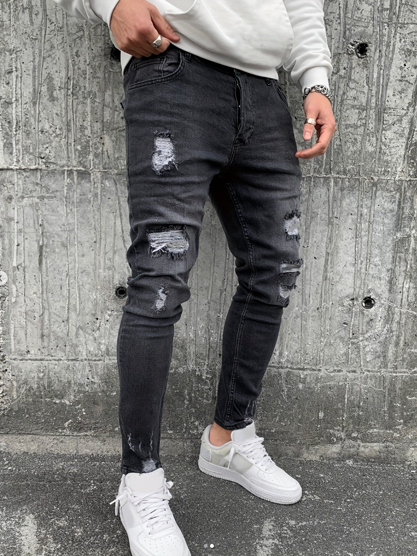 Men's Slim-Fit Distressed Jeans - Stretch Denim Ripped Knee Casual Pants, Machine-Washable All-Season Comfort for Casual Attire, Allseason Wear, Ripped Knee Pants, Classic Wash Denim, Streetwear Style, Trendy Fashion, Durable