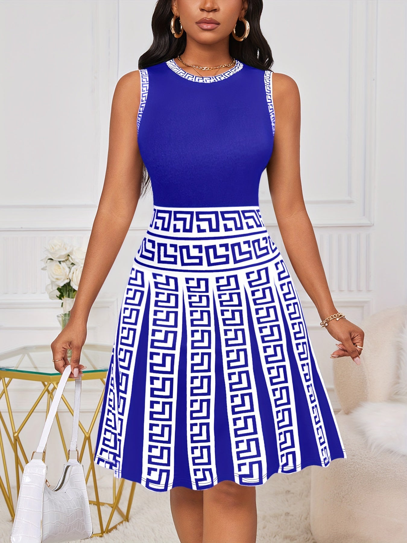 Elegant Geometric Print Sleeveless A-Line Dress for Women – Summer Crew Neck Style