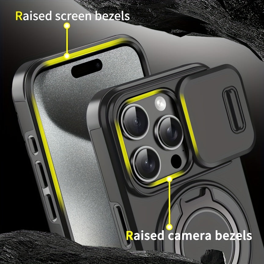 iPhone 11–16 Series Case with Sliding Camera Cover, 360° Ring & Magnetic Car Mount – Matte Shockproof Design