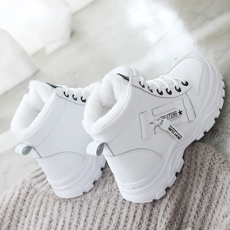 Women'S K2001 High-Top Winter Boots - Stylish White Lace-Up with Faux Fur Lining, Waterproof PVC Sole, Casual All-Season Footwear, Casual Winter Boots|Faux Fur Lined Boots|Laceup Boots