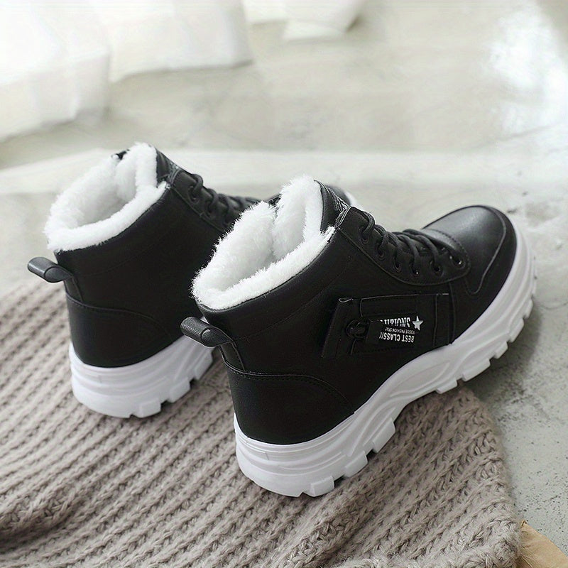 Women'S K2001 High-Top Winter Boots - Stylish White Lace-Up with Faux Fur Lining, Waterproof PVC Sole, Casual All-Season Footwear, Casual Winter Boots|Faux Fur Lined Boots|Laceup Boots