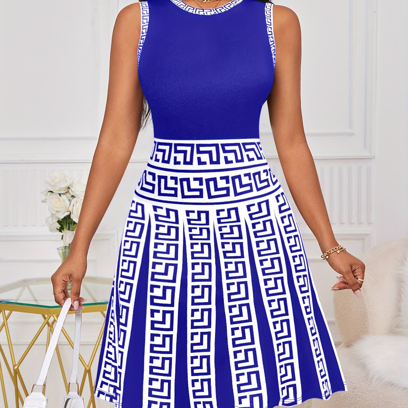 Elegant Geometric Print Sleeveless A-Line Dress for Women – Summer Crew Neck Style
