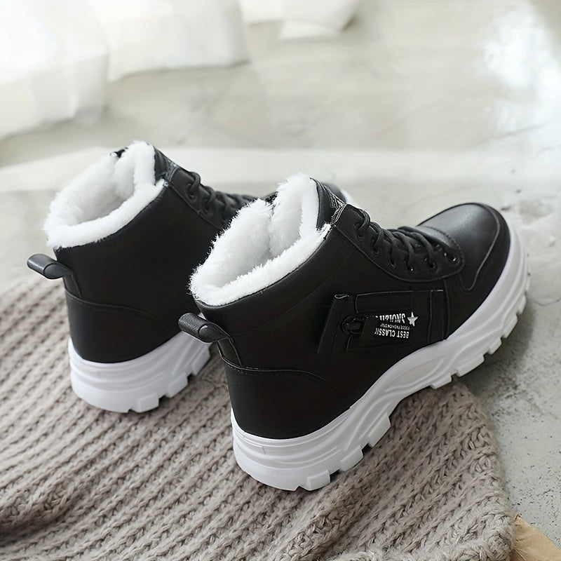 Women'S K2001 High-Top Winter Boots - Stylish White Lace-Up with Faux Fur Lining, Waterproof PVC Sole, Casual All-Season Footwear, Casual Winter Boots|Faux Fur Lined Boots|Laceup Boots