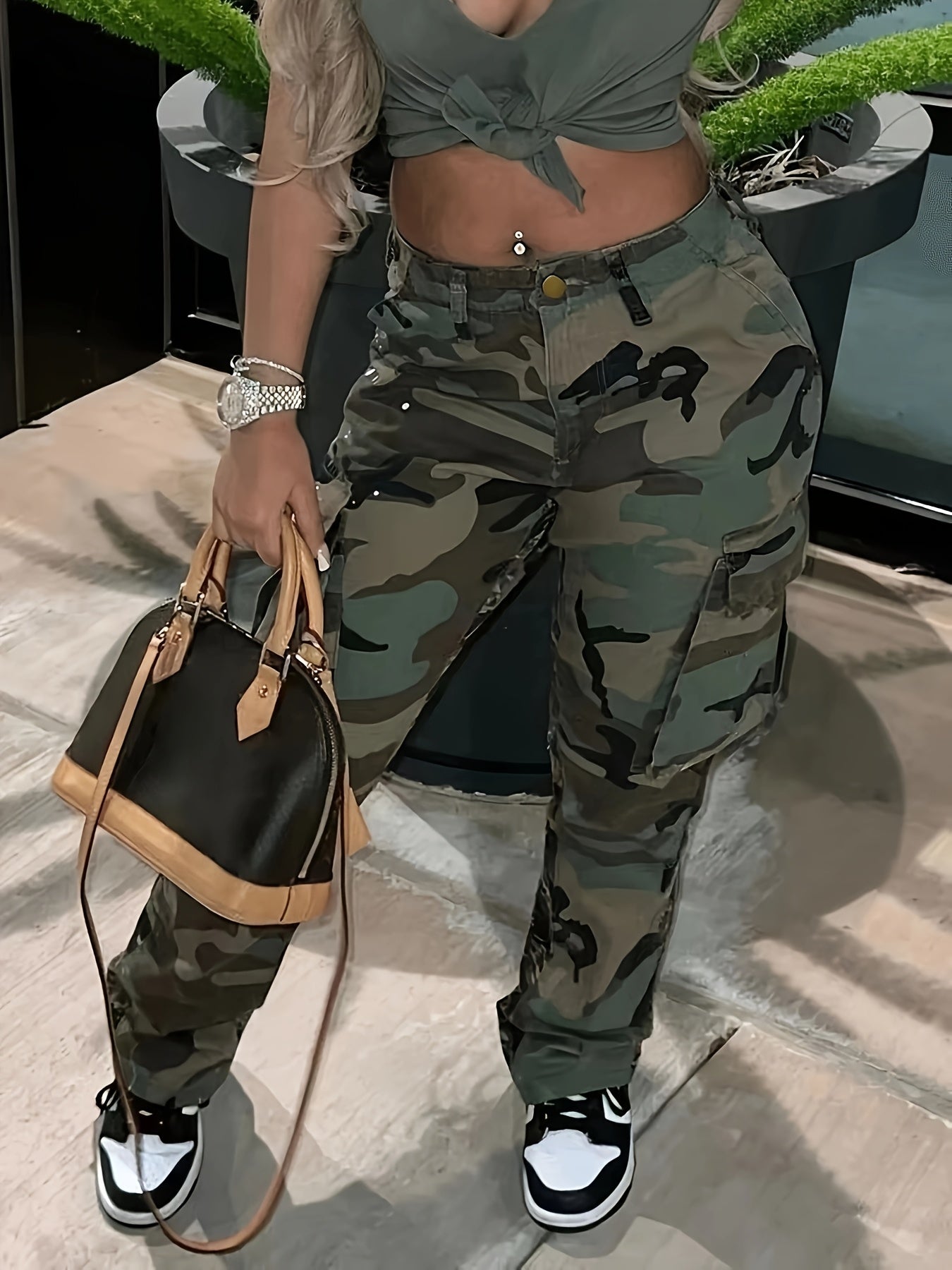 Women's Camouflage Workwear Pants - Stretchy Rayon Blend Denim-Style Trousers with Multi-Pockets, Elastic Waist & Cuffs, Machine Washable All-Season Casual Pants