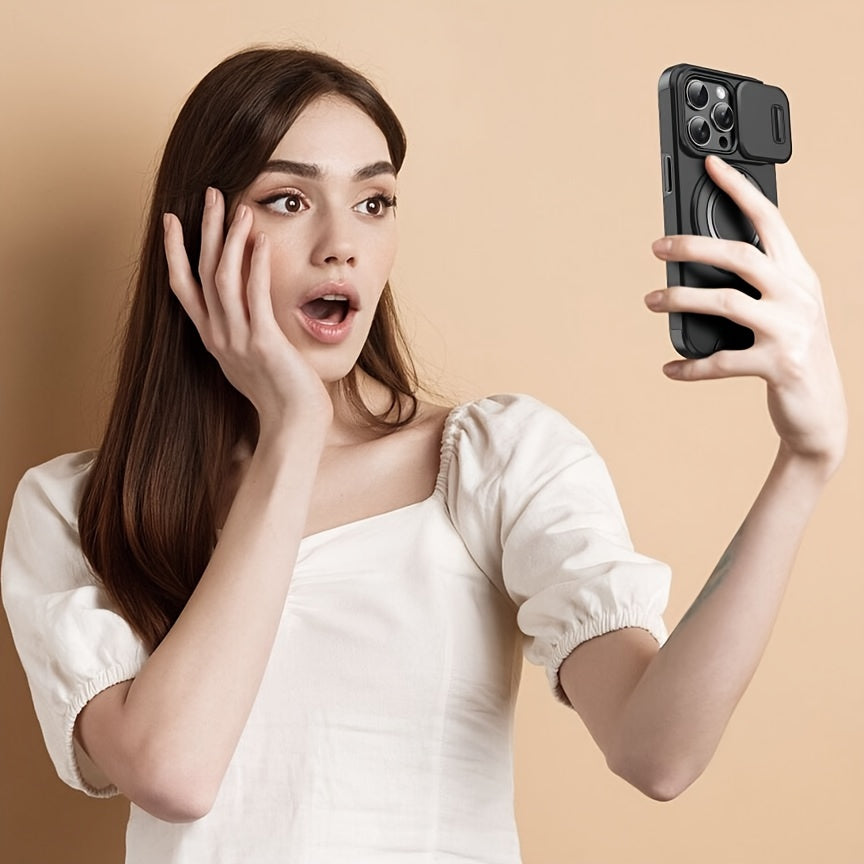 iPhone 11–16 Series Case with Sliding Camera Cover, 360° Ring & Magnetic Car Mount – Matte Shockproof Design