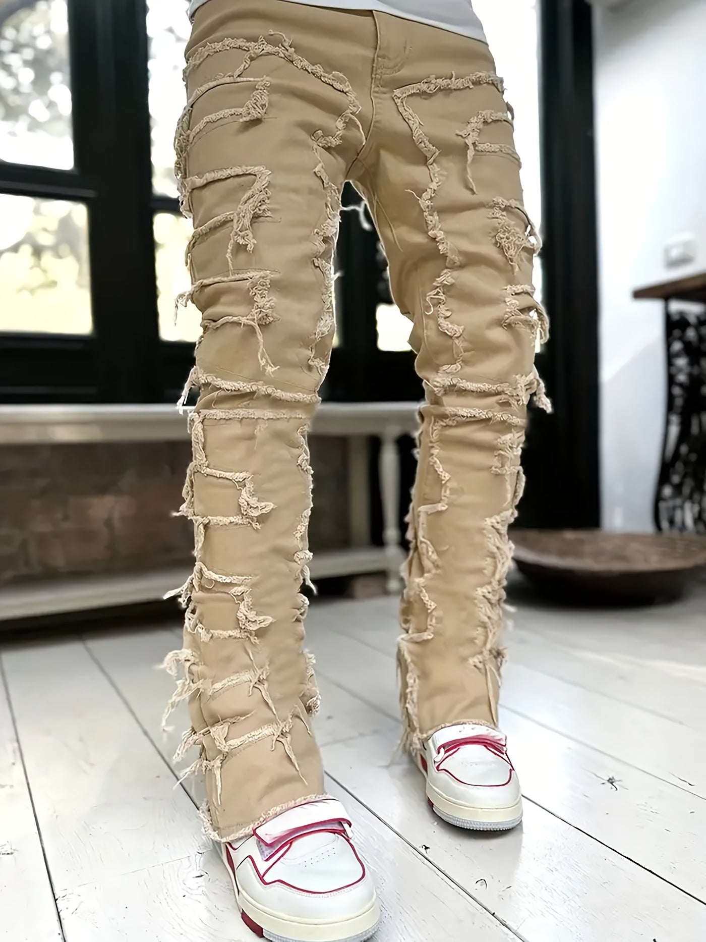 Y2k Hip Hop Style Raw Trim Jeans, Men's Casual Street Style Stretch Denim Pants