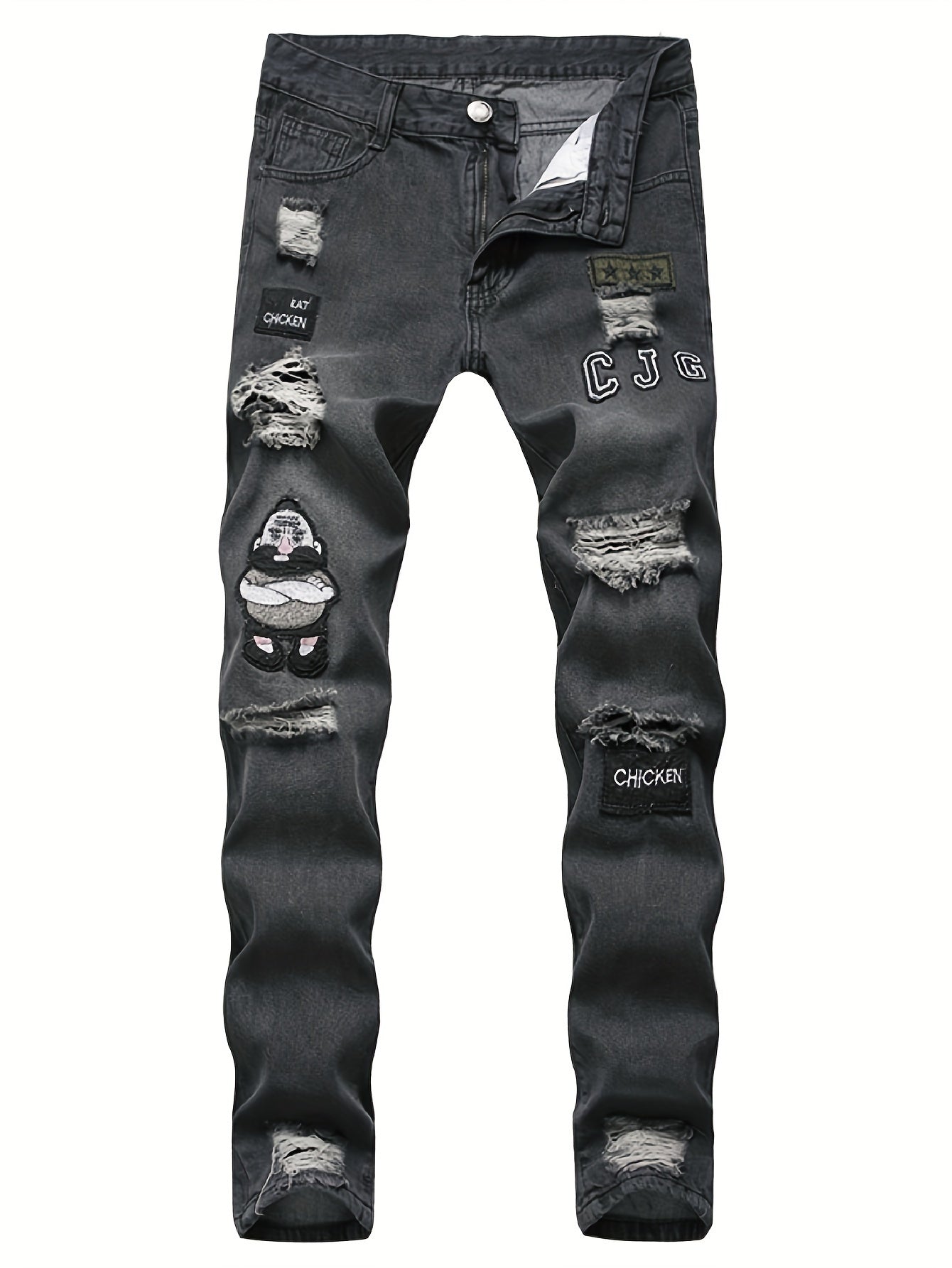 Men's Slim Fit Distressed Ripped Jeans With Fancy Embroidery, Fashion Street Style Denim Pants For Men, Versatile For All Seasons