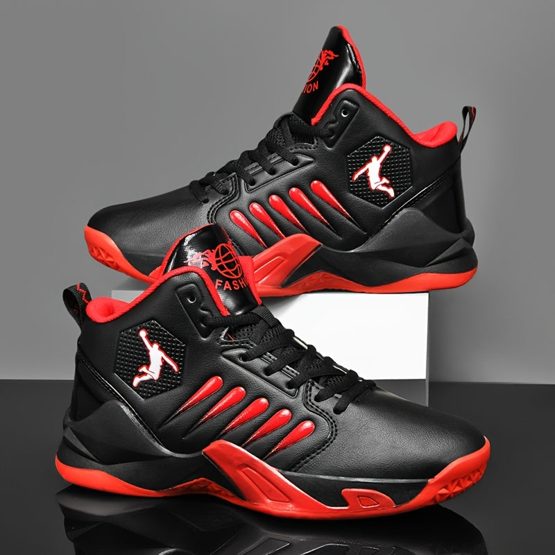 Men's Breathable Lightweight Basketball Shoes - High-Top Non-Slip Rubber Sole for Running, Training & Walking, Geometric Design with Black/Red Accents, PU Upper & Fabric Lining, Spring/Summer Casual Athletic Sneakers