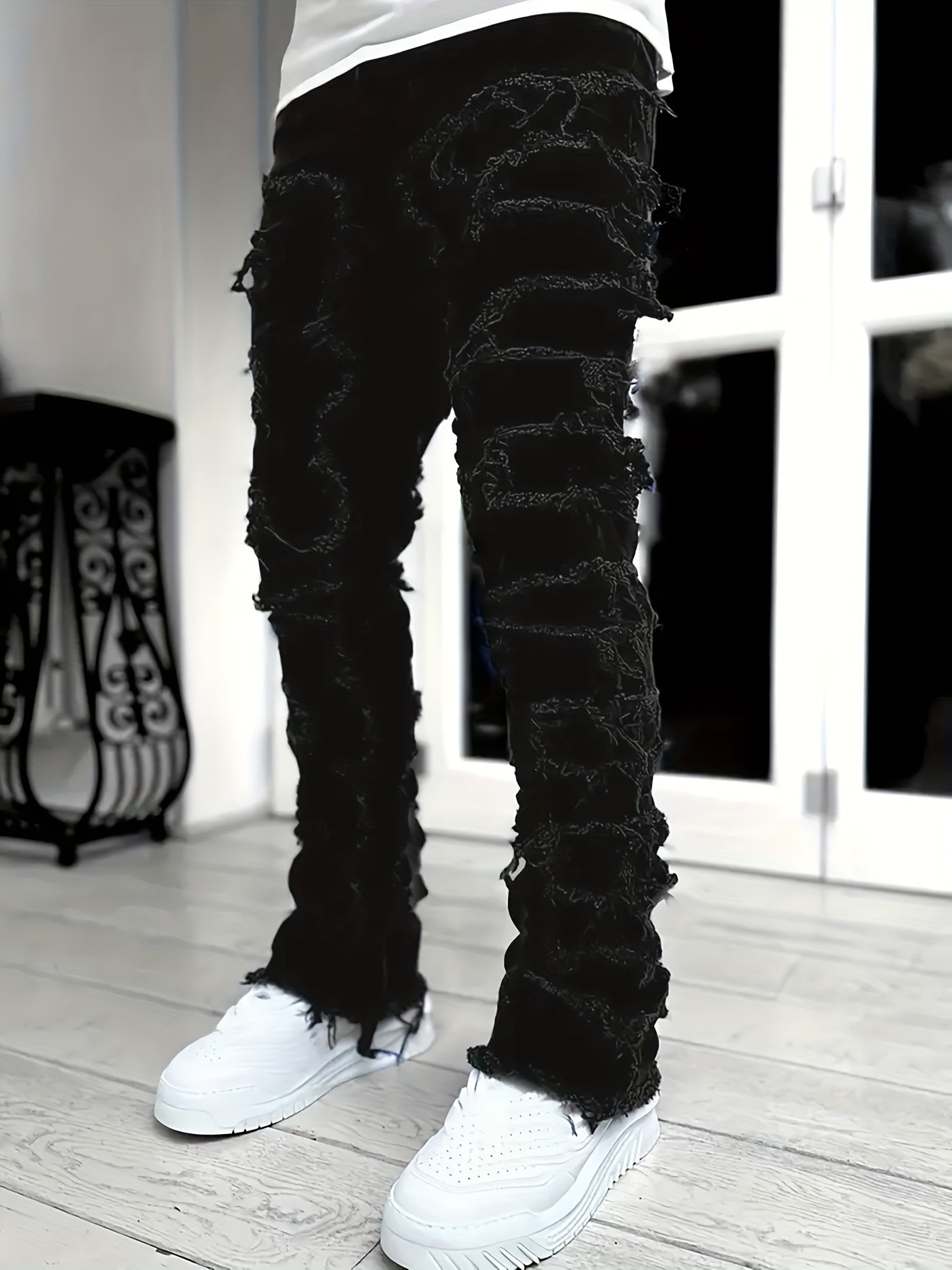 Y2k Hip Hop Style Raw Trim Jeans, Men's Casual Street Style Stretch Denim Pants