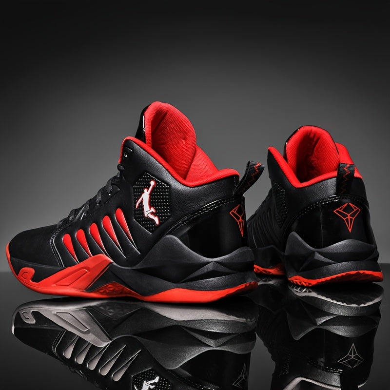 Men's Breathable Lightweight Basketball Shoes - High-Top Non-Slip Rubber Sole for Running, Training & Walking, Geometric Design with Black/Red Accents, PU Upper & Fabric Lining, Spring/Summer Casual Athletic Sneakers