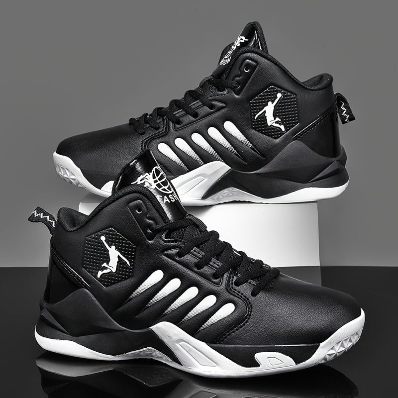 Men's Breathable Lightweight Basketball Shoes - High-Top Non-Slip Rubber Sole for Running, Training & Walking, Geometric Design with Black/Red Accents, PU Upper & Fabric Lining, Spring/Summer Casual Athletic Sneakers