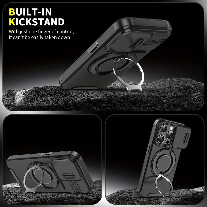iPhone 11–16 Series Case with Sliding Camera Cover, 360° Ring & Magnetic Car Mount – Matte Shockproof Design