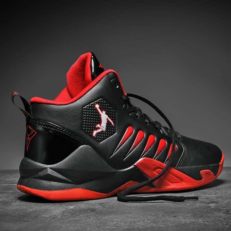 Men's Breathable Lightweight Basketball Shoes - High-Top Non-Slip Rubber Sole for Running, Training & Walking, Geometric Design with Black/Red Accents, PU Upper & Fabric Lining, Spring/Summer Casual Athletic Sneakers