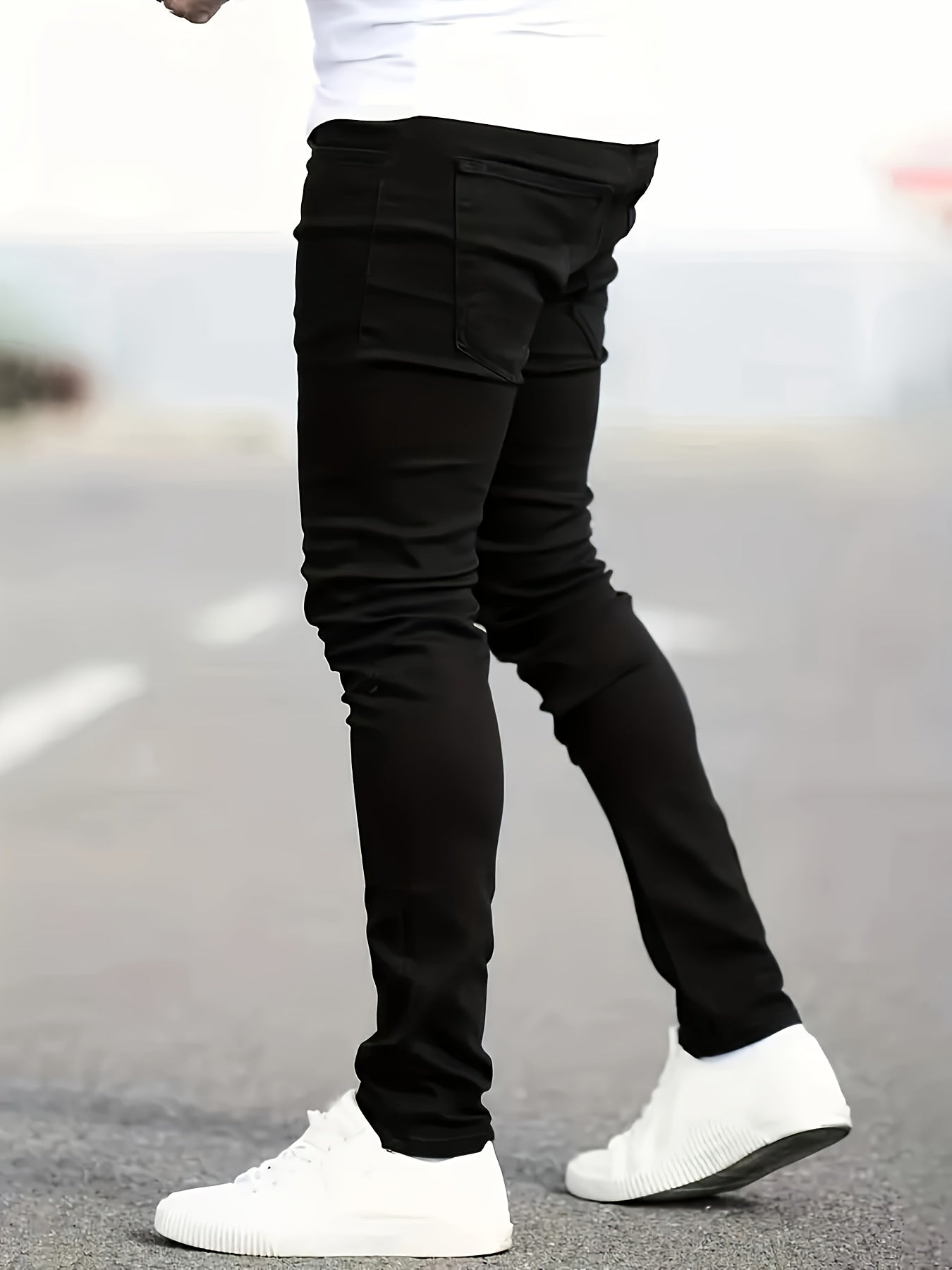 Men's Stretch Skinny Jeans - Classic Black, Ripped Design for All Seasons, Machine Washable, Gift, Fashion, New Style, Comfortable, Spring, Autumn, Winter