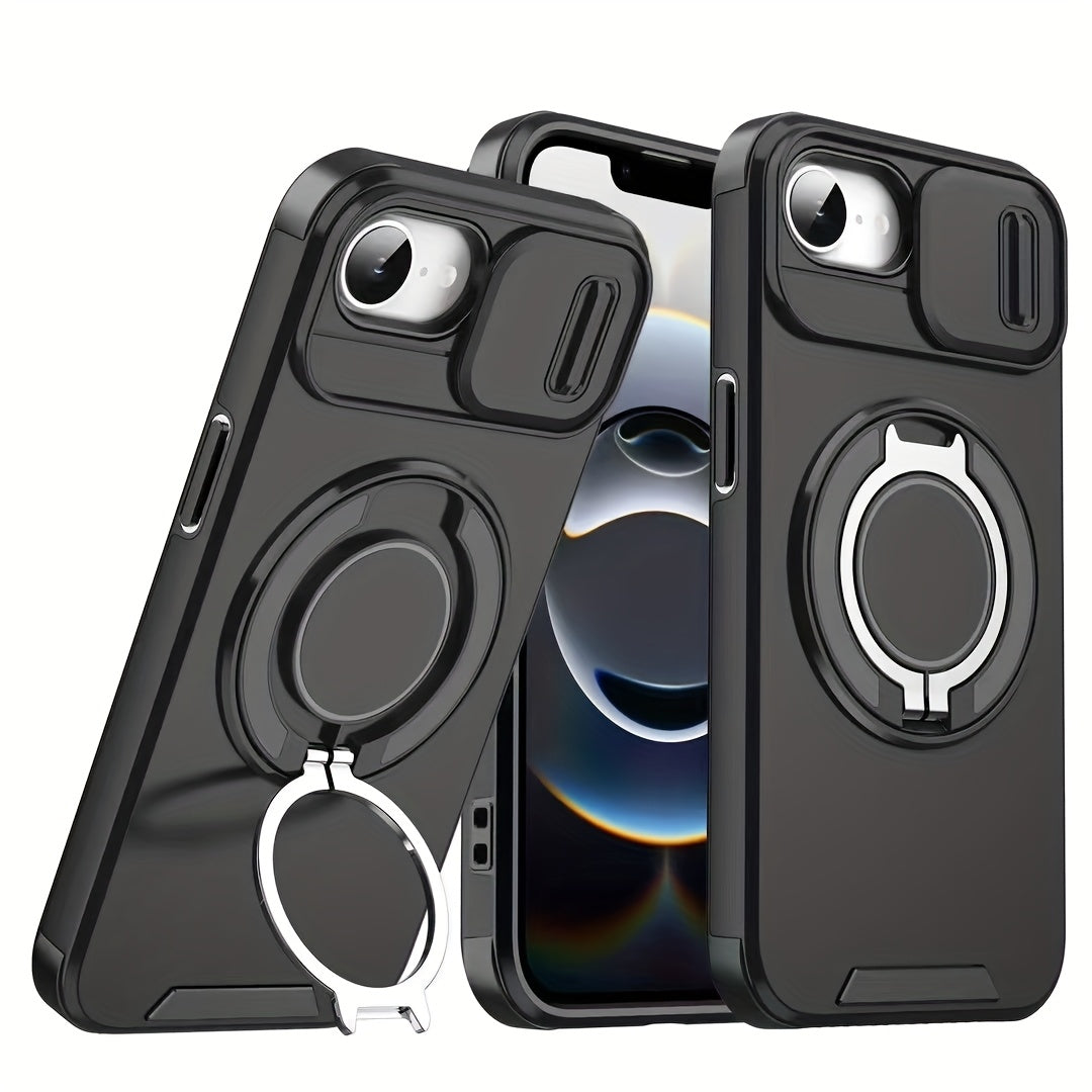 iPhone 11–16 Series Case with Sliding Camera Cover, 360° Ring & Magnetic Car Mount – Matte Shockproof Design