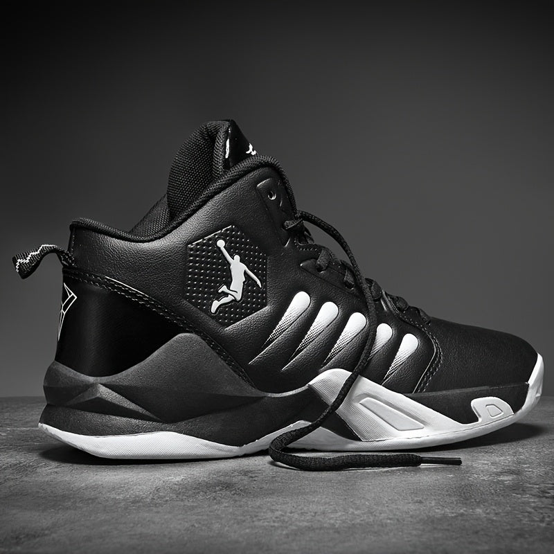Men's Breathable Lightweight Basketball Shoes - High-Top Non-Slip Rubber Sole for Running, Training & Walking, Geometric Design with Black/Red Accents, PU Upper & Fabric Lining, Spring/Summer Casual Athletic Sneakers
