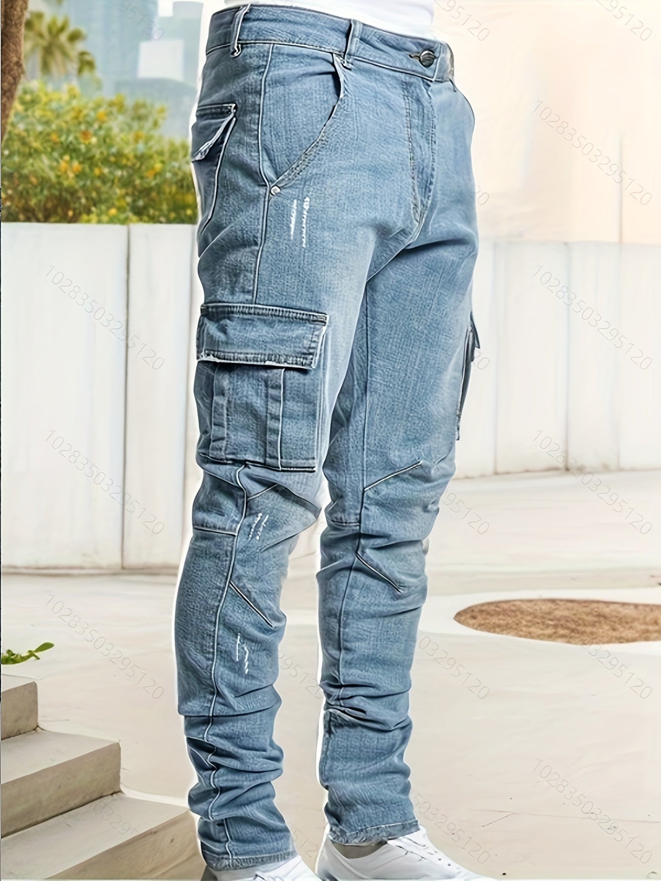 Men's Slim Fit Cargo Jeans - Stretch Denim with Multi-Pocket Design, Street Style, All-Season Wear