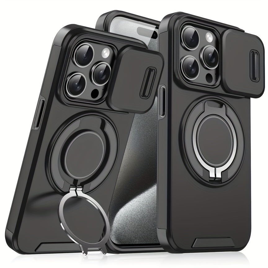 iPhone 11–16 Series Case with Sliding Camera Cover, 360° Ring & Magnetic Car Mount – Matte Shockproof Design