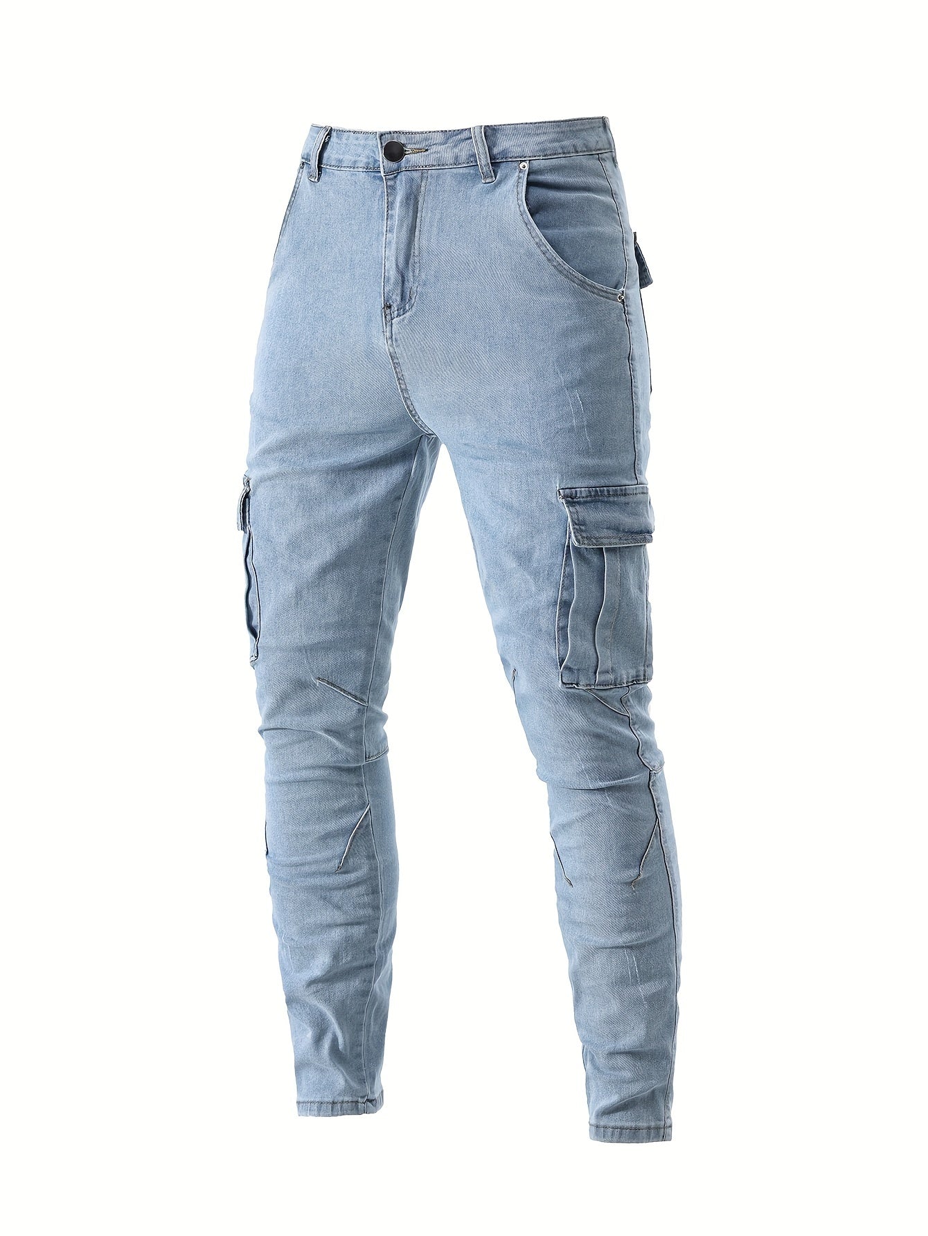 Men's Slim Fit Cargo Jeans - Stretch Denim with Multi-Pocket Design, Street Style, All-Season Wear