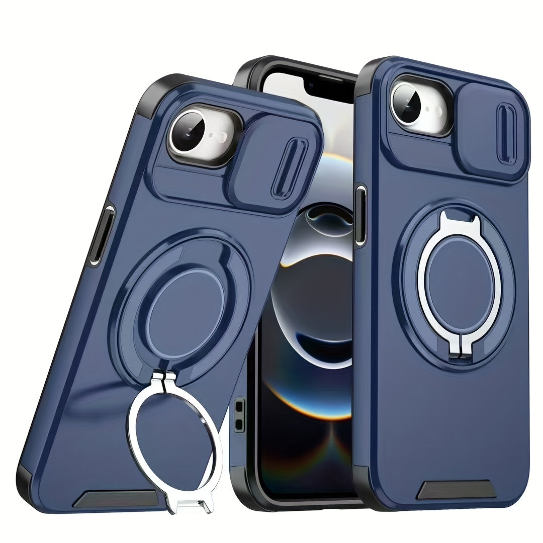 iPhone 11–16 Series Case with Sliding Camera Cover, 360° Ring & Magnetic Car Mount – Matte Shockproof Design