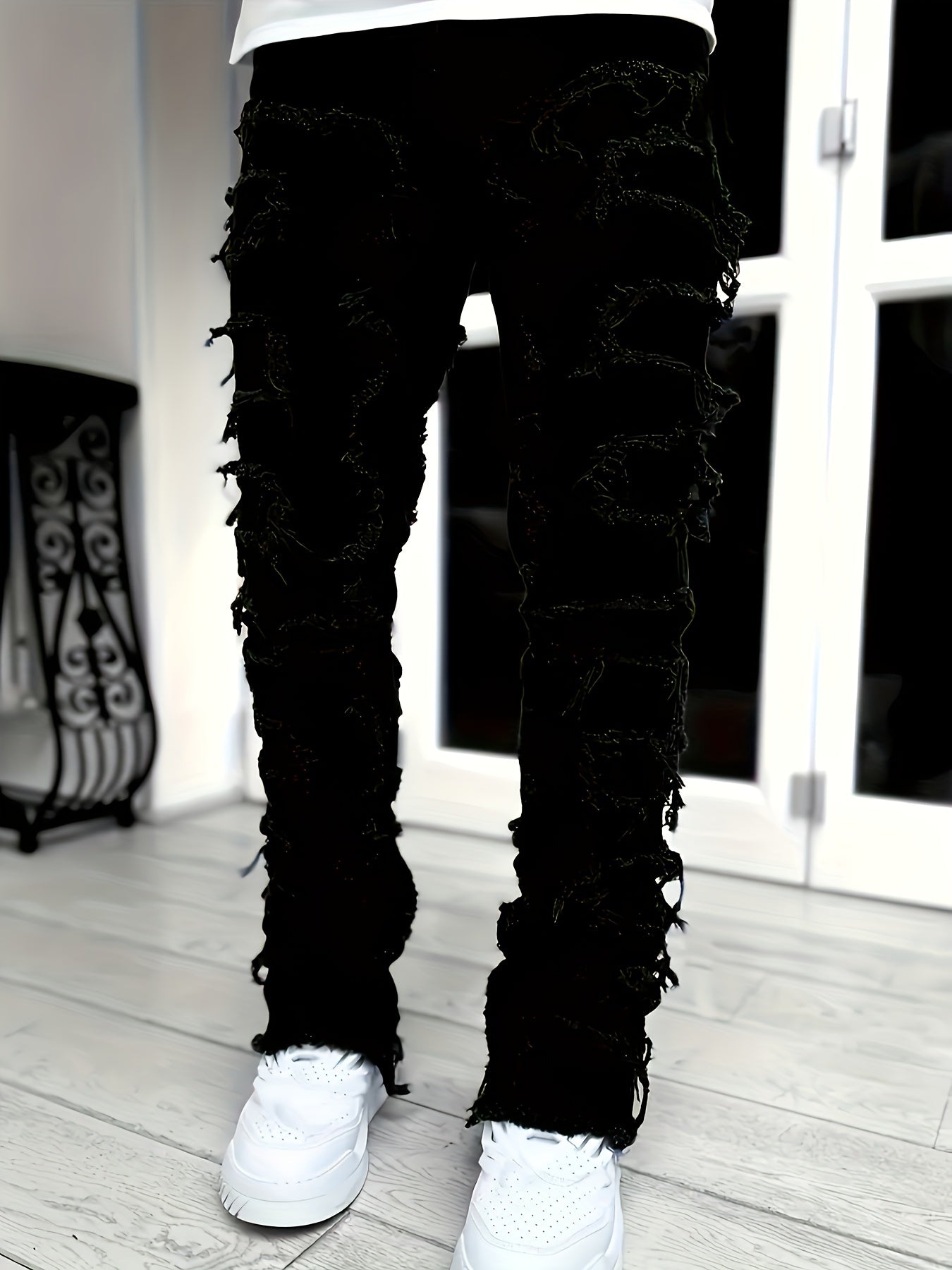 Y2k Hip Hop Style Raw Trim Jeans, Men's Casual Street Style Stretch Denim Pants