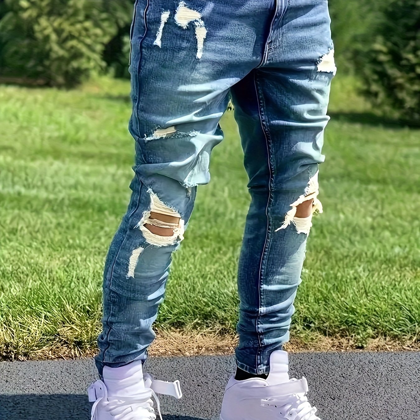 Men's Slim-Fit Distressed Jeans - Stretch Denim Streetwear Pants with Ripped Details, Mid-Stretch Comfort & Hand Washable Design for Spring Casual Wear, Trendy Outfit Pants | Durable Fabric Pants