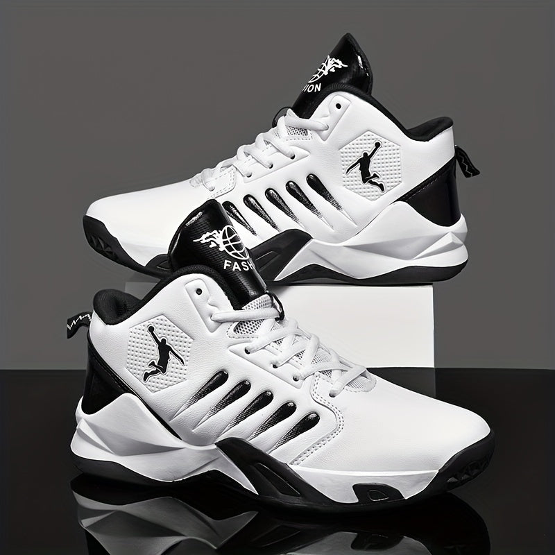 Men's Breathable Lightweight Basketball Shoes - High-Top Non-Slip Rubber Sole for Running, Training & Walking, Geometric Design with Black/Red Accents, PU Upper & Fabric Lining, Spring/Summer Casual Athletic Sneakers
