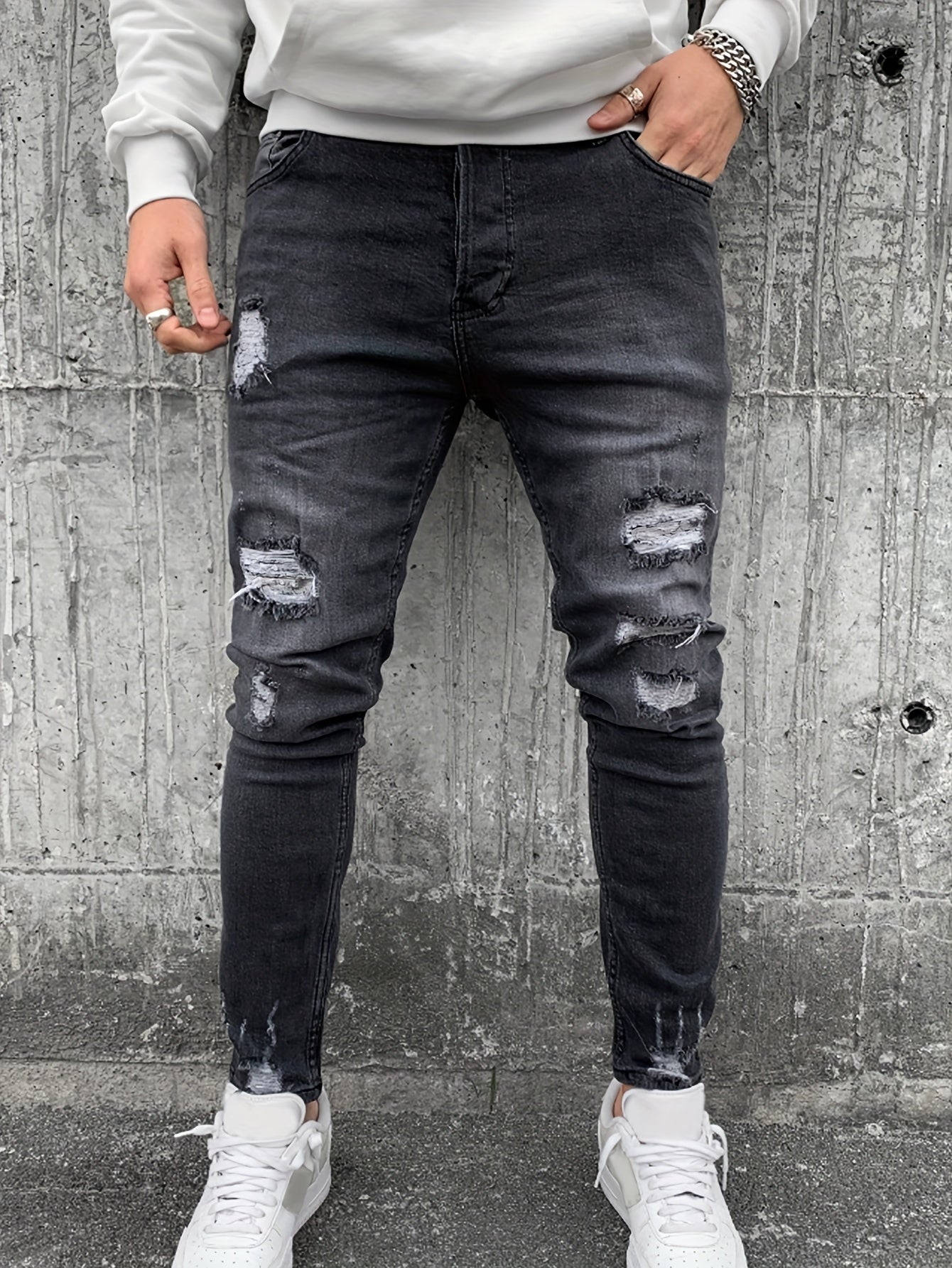 Men's Slim-Fit Distressed Jeans - Stretch Denim Ripped Knee Casual Pants, Machine-Washable All-Season Comfort for Casual Attire, Allseason Wear, Ripped Knee Pants, Classic Wash Denim, Streetwear Style, Trendy Fashion, Durable