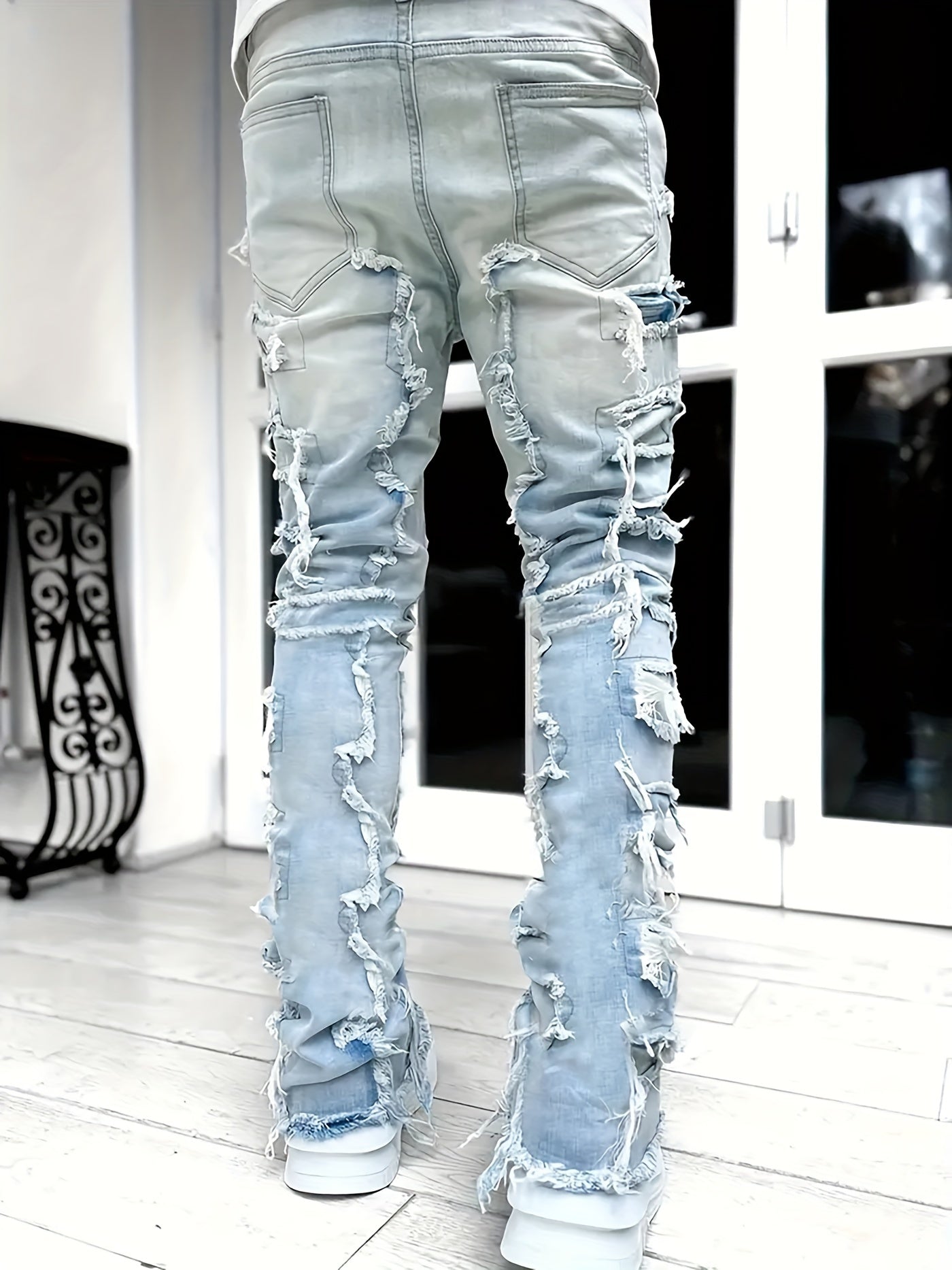 Y2k Hip Hop Style Raw Trim Jeans, Men's Casual Street Style Stretch Denim Pants