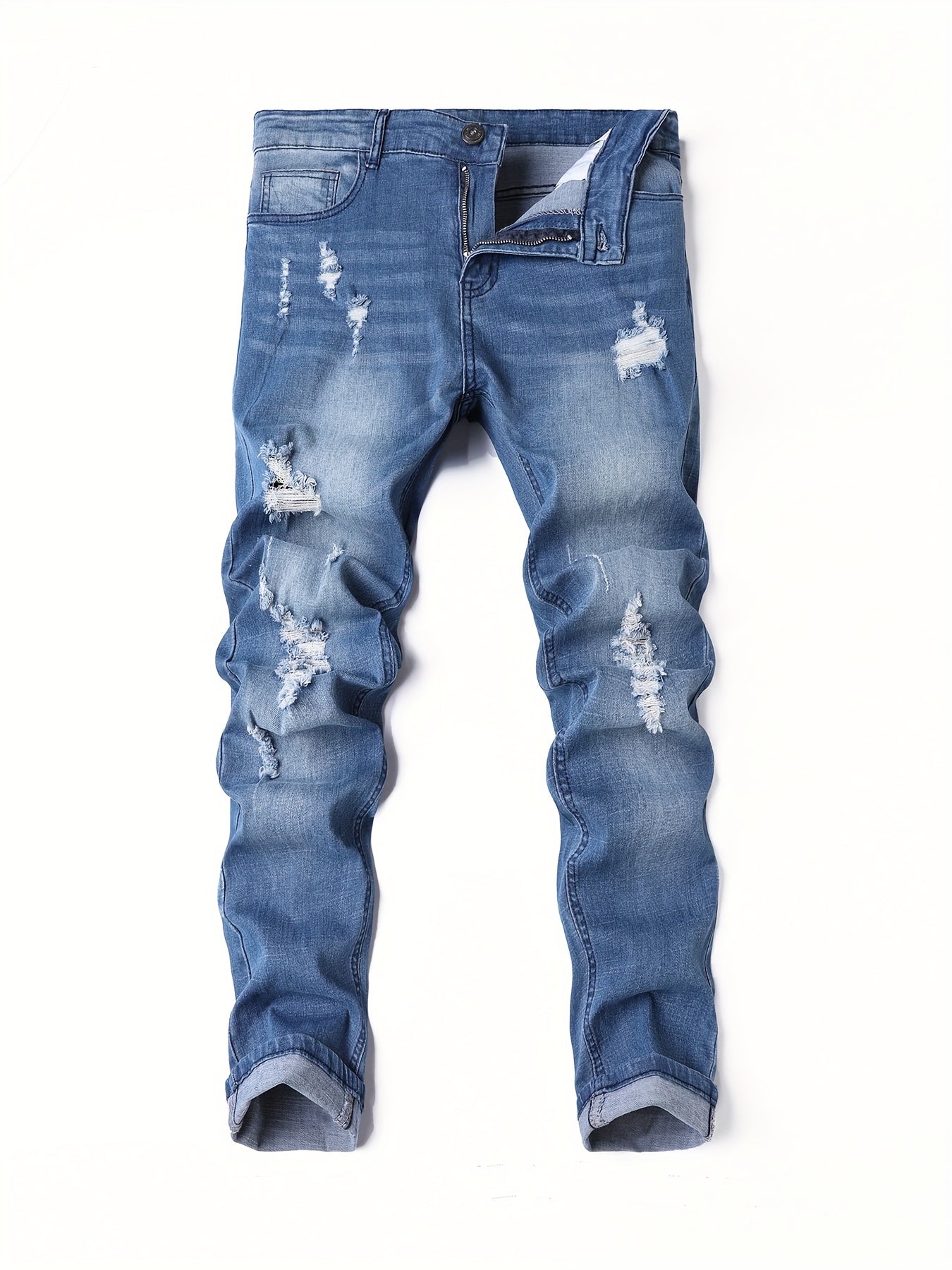Men's Slim-Fit Distressed Jeans - Stretch Denim Streetwear Pants with Ripped Details, Mid-Stretch Comfort & Hand Washable Design for Spring Casual Wear, Trendy Outfit Pants | Durable Fabric Pants