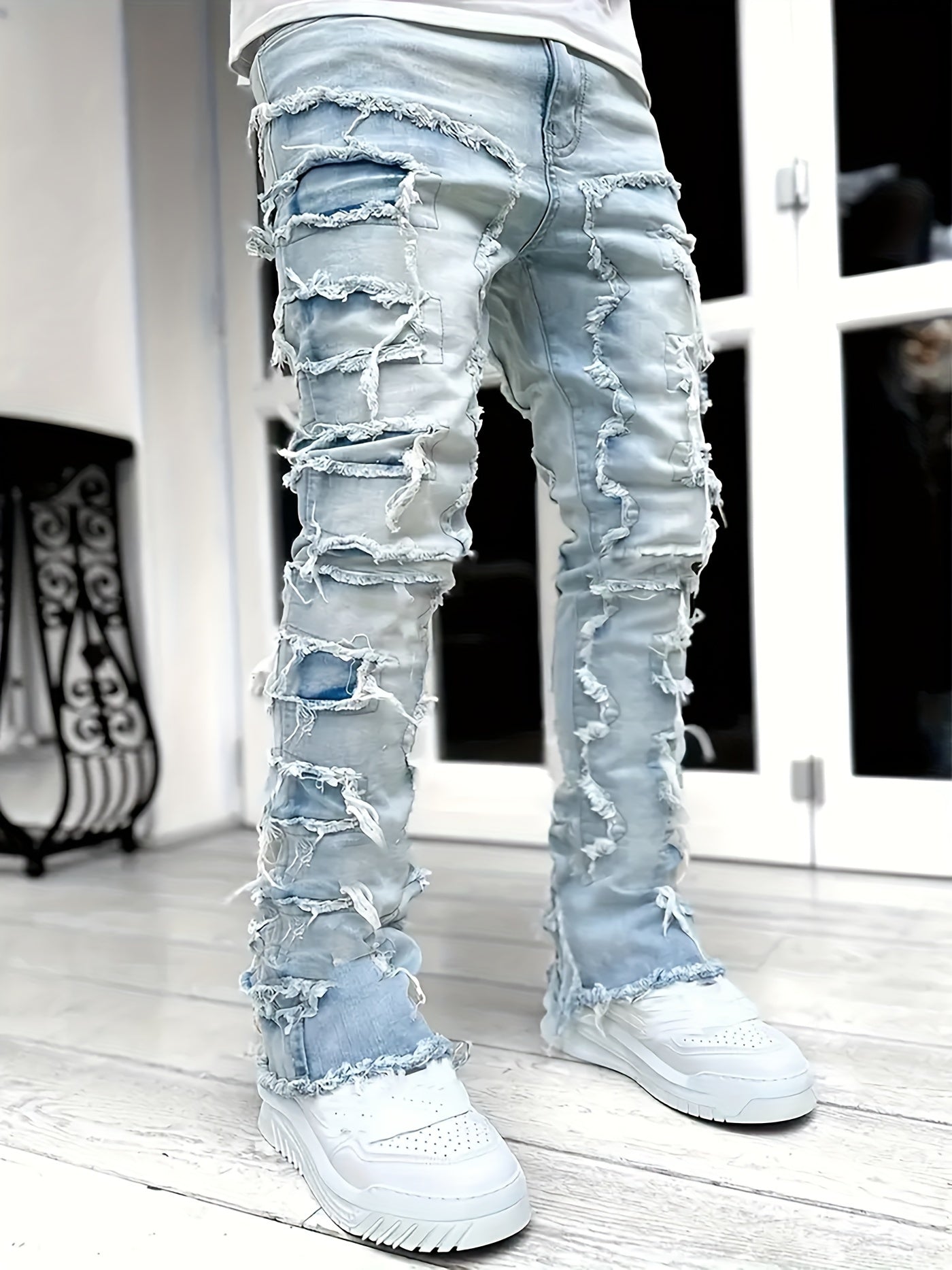 Y2k Hip Hop Style Raw Trim Jeans, Men's Casual Street Style Stretch Denim Pants