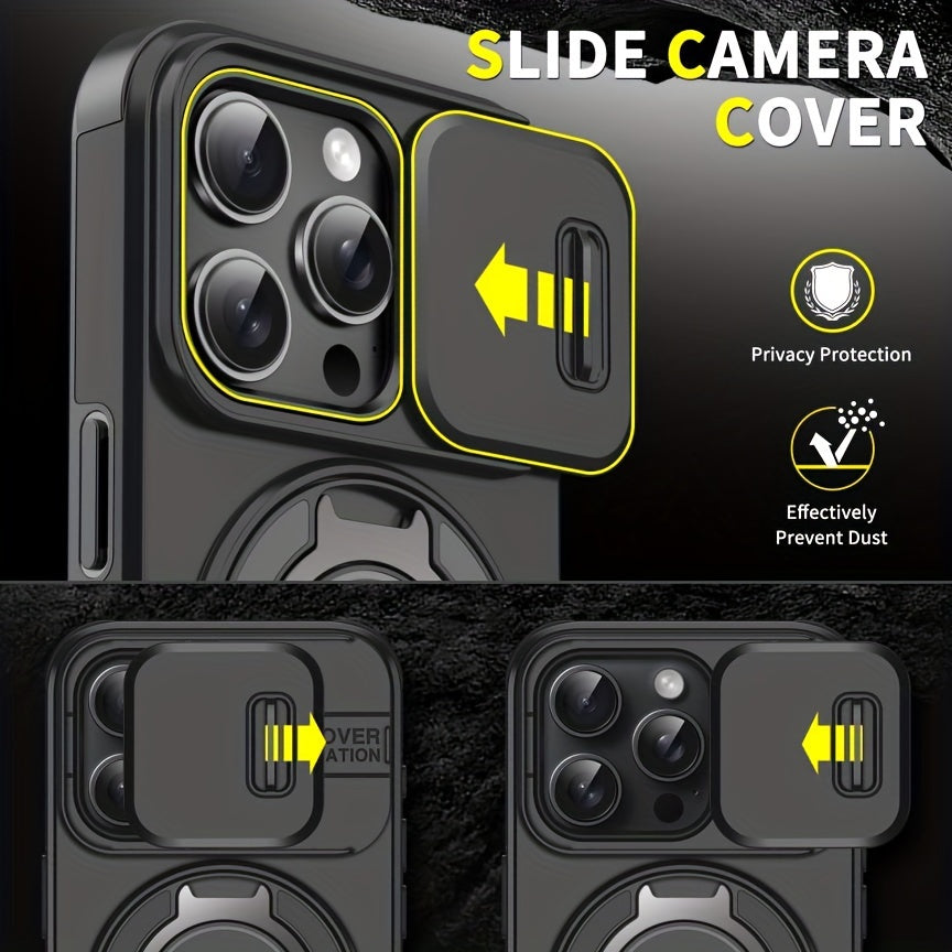 iPhone 11–16 Series Case with Sliding Camera Cover, 360° Ring & Magnetic Car Mount – Matte Shockproof Design