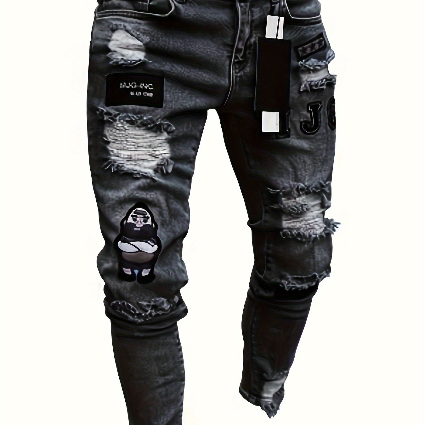 Men's Slim Fit Distressed Ripped Jeans With Fancy Embroidery, Fashion Street Style Denim Pants For Men, Versatile For All Seasons