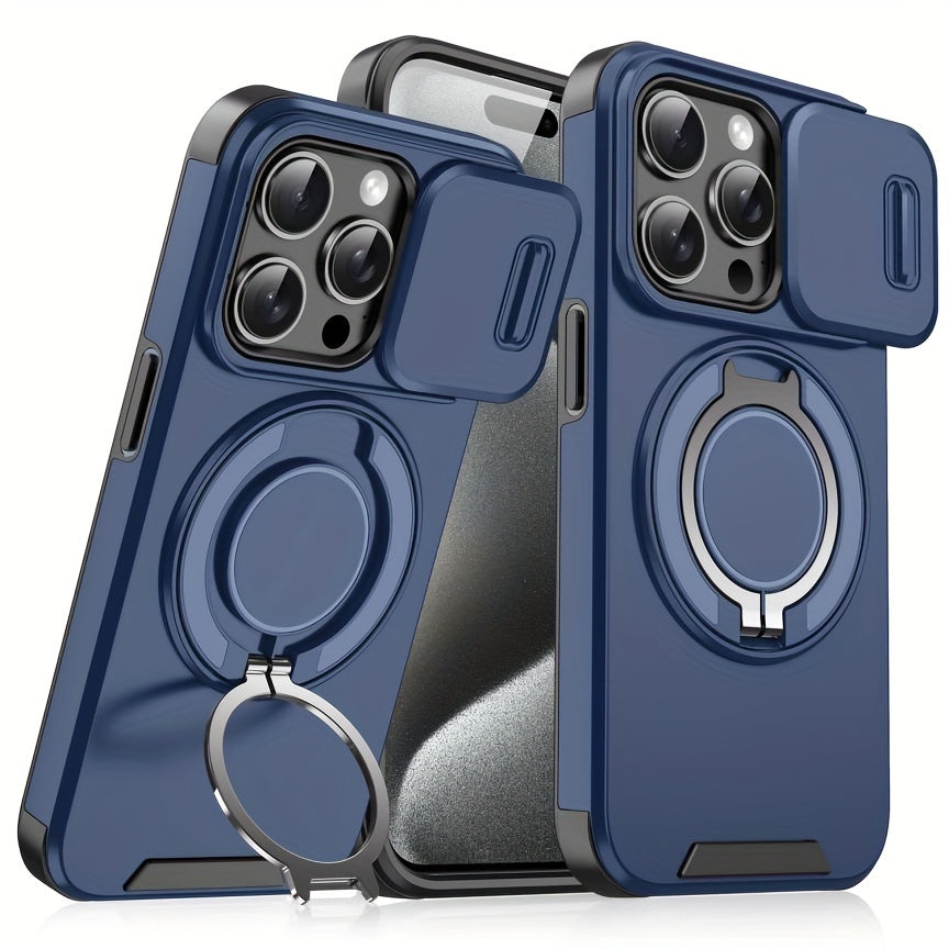 iPhone 11–16 Series Case with Sliding Camera Cover, 360° Ring & Magnetic Car Mount – Matte Shockproof Design