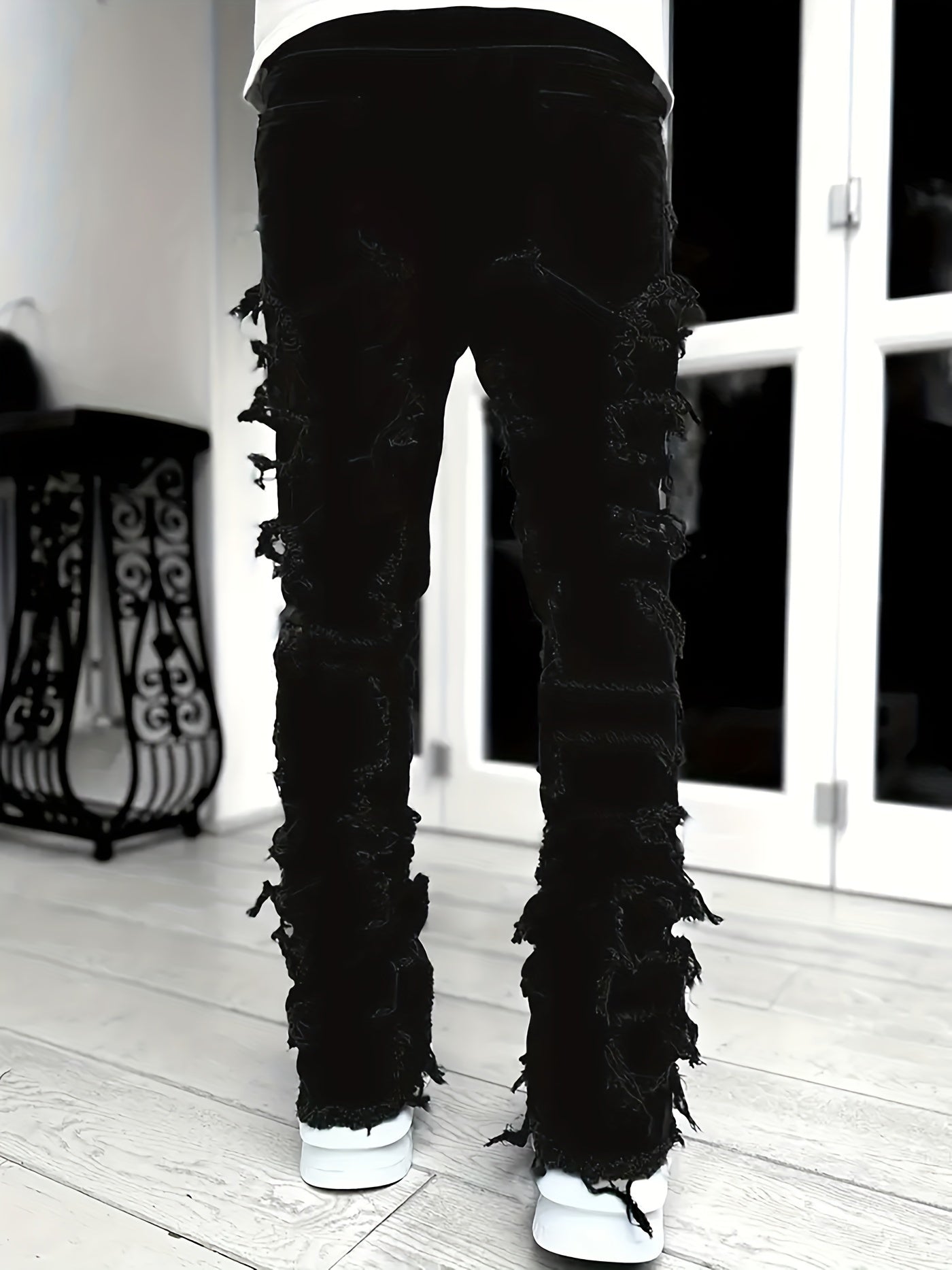 Y2k Hip Hop Style Raw Trim Jeans, Men's Casual Street Style Stretch Denim Pants