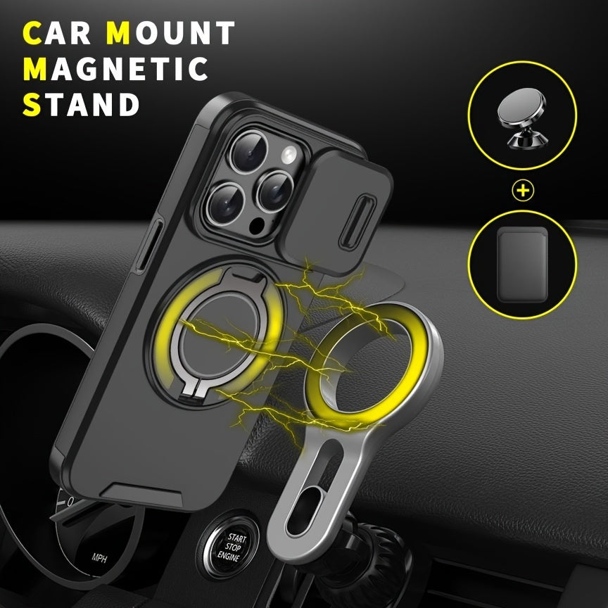 iPhone 11–16 Series Case with Sliding Camera Cover, 360° Ring & Magnetic Car Mount – Matte Shockproof Design