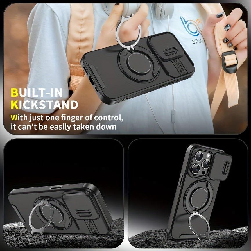 iPhone 11–16 Series Case with Sliding Camera Cover, 360° Ring & Magnetic Car Mount – Matte Shockproof Design