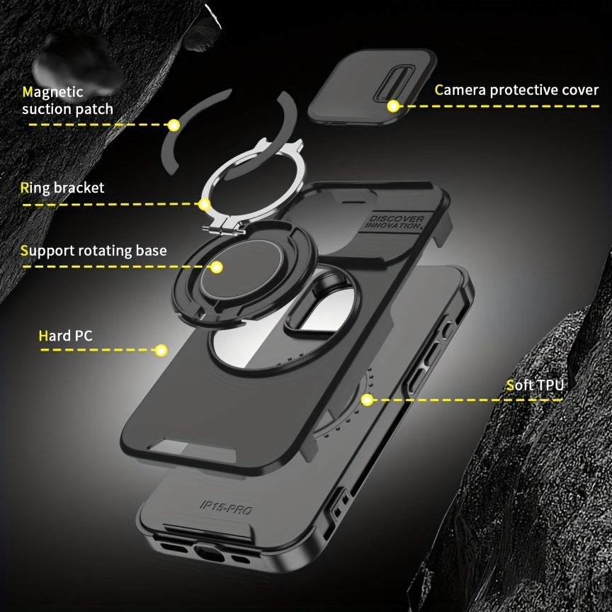 iPhone 11–16 Series Case with Sliding Camera Cover, 360° Ring & Magnetic Car Mount – Matte Shockproof Design