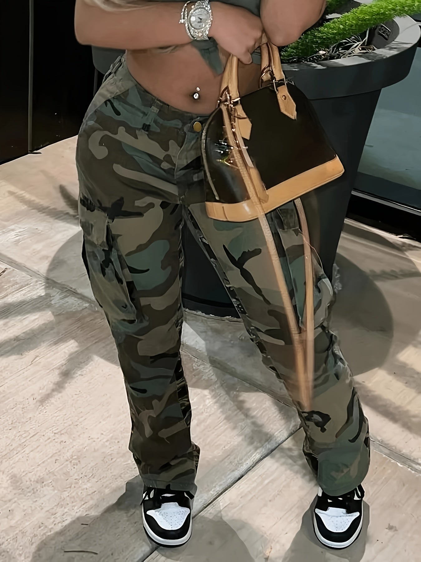 Women's Camouflage Workwear Pants - Stretchy Rayon Blend Denim-Style Trousers with Multi-Pockets, Elastic Waist & Cuffs, Machine Washable All-Season Casual Pants