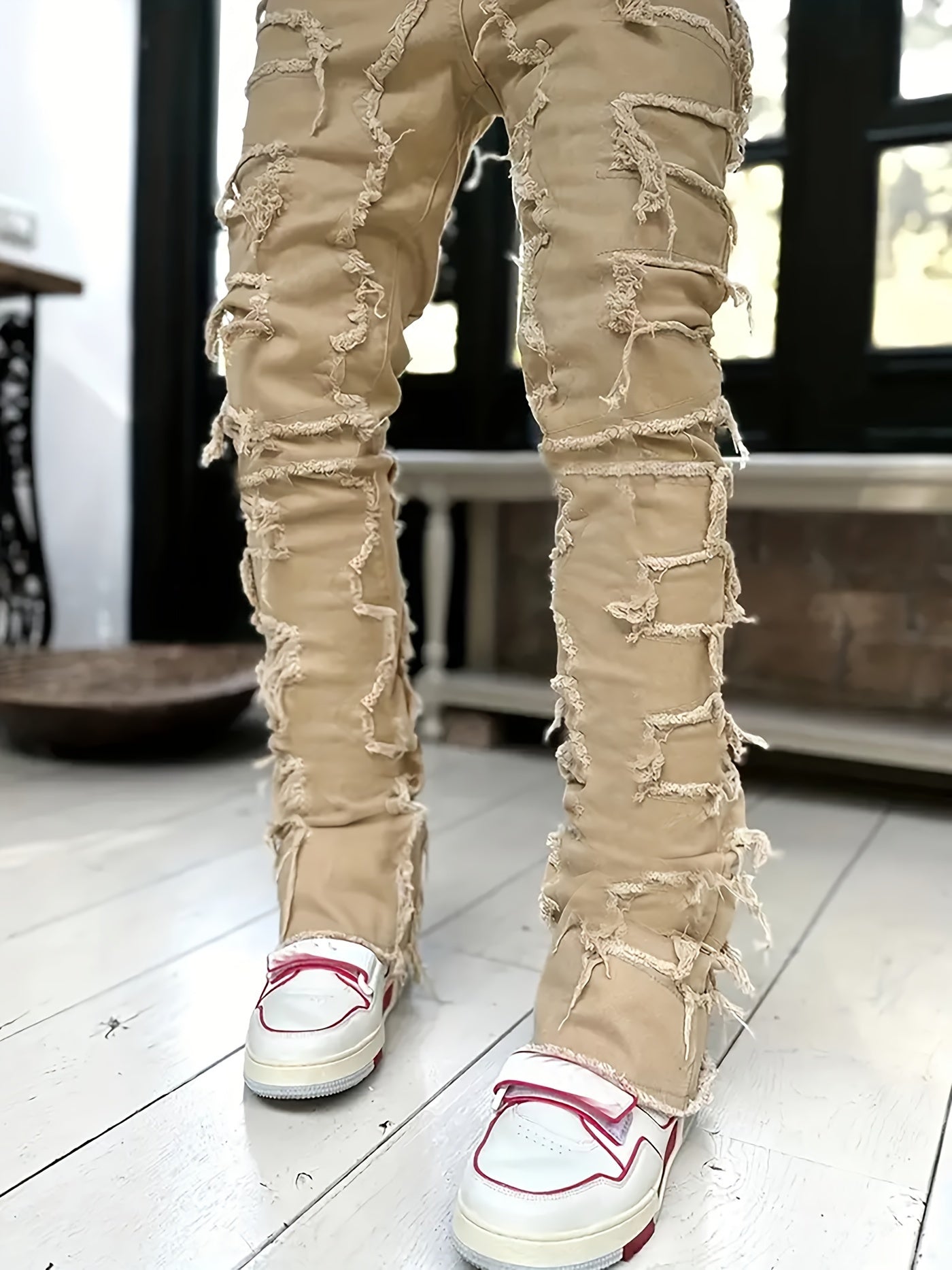 Y2k Hip Hop Style Raw Trim Jeans, Men's Casual Street Style Stretch Denim Pants