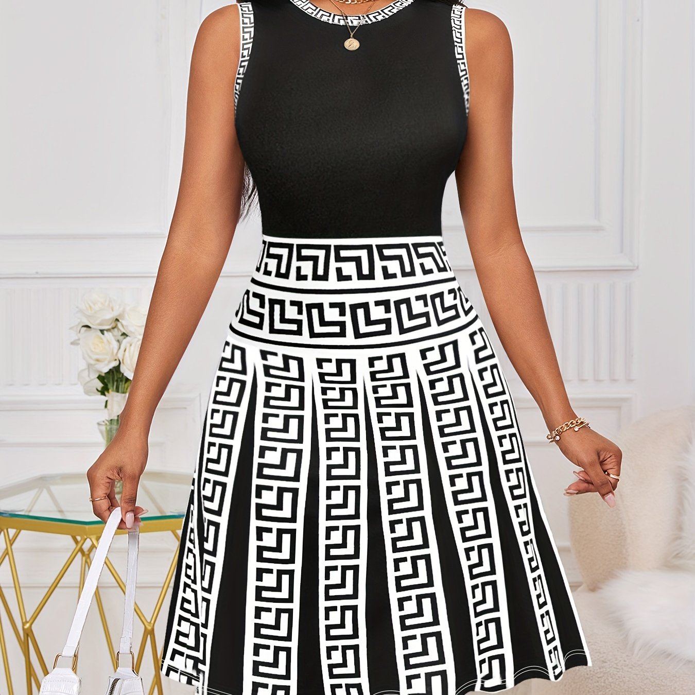 Elegant Geometric Print Sleeveless A-Line Dress for Women – Summer Crew Neck Style