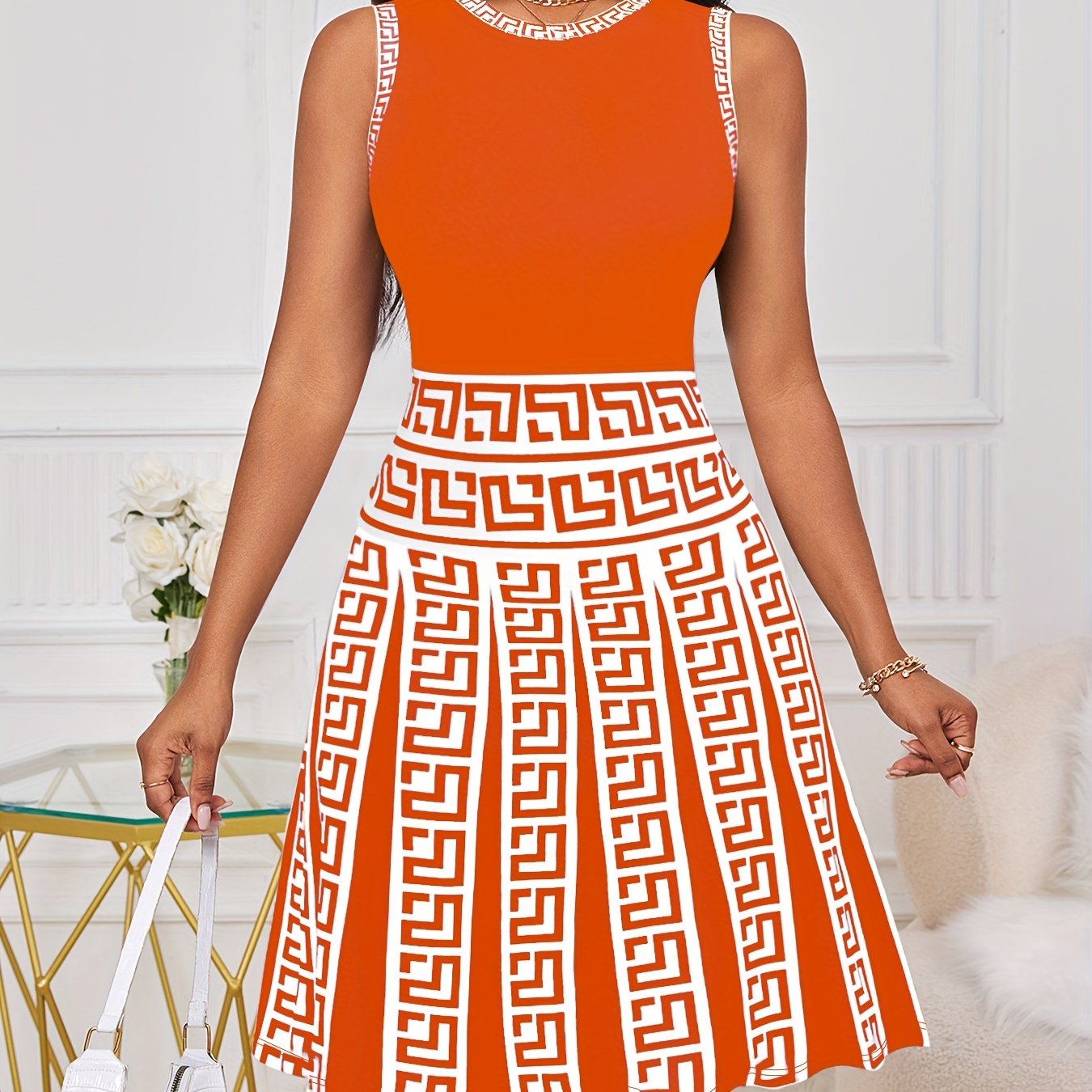 Elegant Geometric Print Sleeveless A-Line Dress for Women – Summer Crew Neck Style