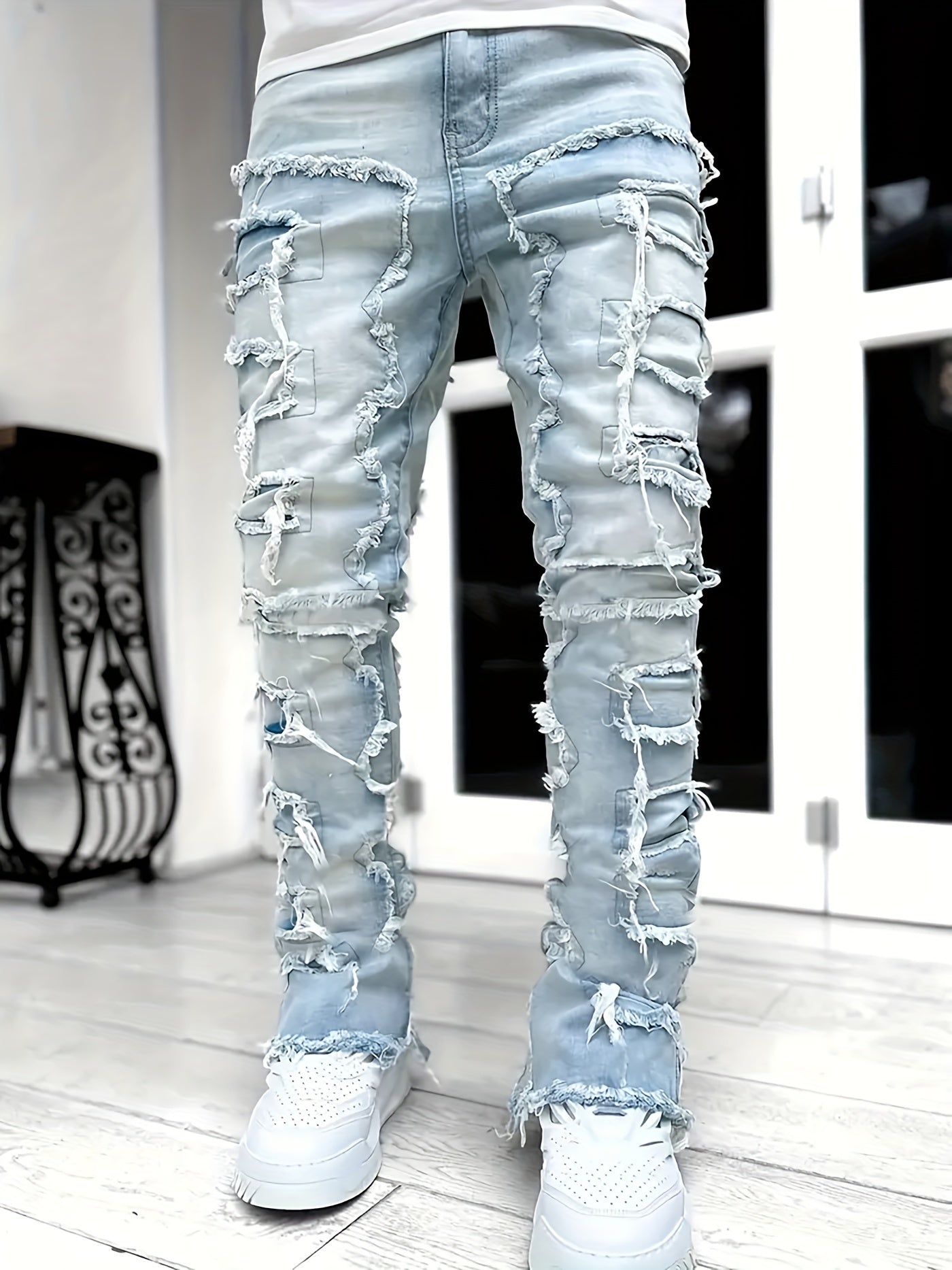 Y2k Hip Hop Style Raw Trim Jeans, Men's Casual Street Style Stretch Denim Pants