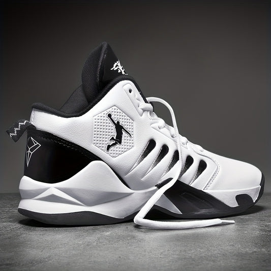 Men's Breathable Lightweight Basketball Shoes - High-Top Non-Slip Rubber Sole for Running, Training & Walking, Geometric Design with Black/Red Accents, PU Upper & Fabric Lining, Spring/Summer Casual Athletic Sneakers