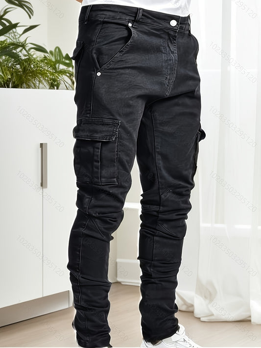 Men's Slim Fit Cargo Jeans - Stretch Denim with Multi-Pocket Design, Street Style, All-Season Wear