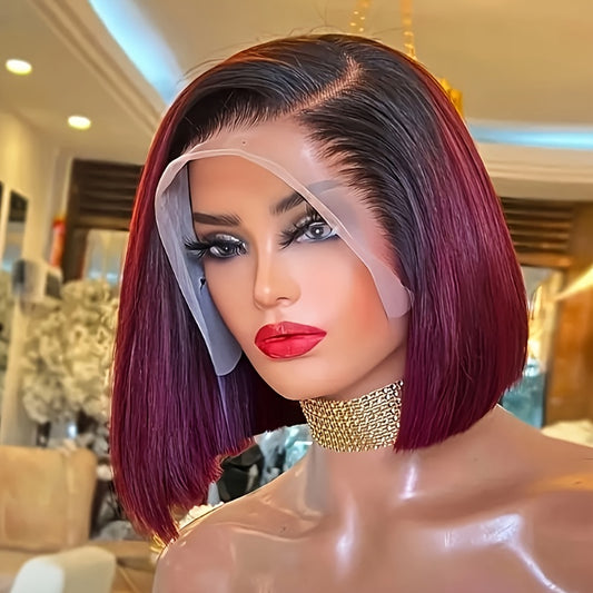 VARCILY Women's Ombre Burgundy Bob Wig - 150% Density Glueless Human Hair Wig with Pre-Plucked 13x4 HD Lace Front, Short Straight Basic Style 1B/99J Shade for Women, Everyday Style Wig | Natural Appearance Wig | Natural Human