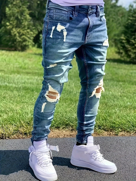 Men's Slim-Fit Distressed Jeans - Stretch Denim Streetwear Pants with Ripped Details, Mid-Stretch Comfort & Hand Washable Design for Spring Casual Wear, Trendy Outfit Pants | Durable Fabric Pants
