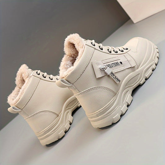 Women'S K2001 High-Top Winter Boots - Stylish White Lace-Up with Faux Fur Lining, Waterproof PVC Sole, Casual All-Season Footwear, Casual Winter Boots|Faux Fur Lined Boots|Laceup Boots