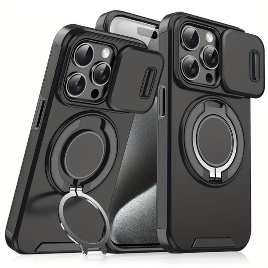 iPhone 11–16 Series Case with Sliding Camera Cover, 360° Ring & Magnetic Car Mount – Matte Shockproof Design