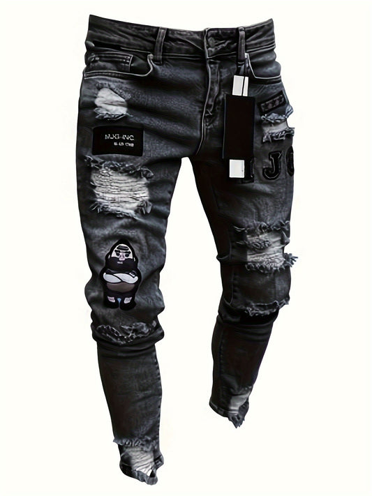 Men's Slim Fit Distressed Ripped Jeans With Fancy Embroidery, Fashion Street Style Denim Pants For Men, Versatile For All Seasons